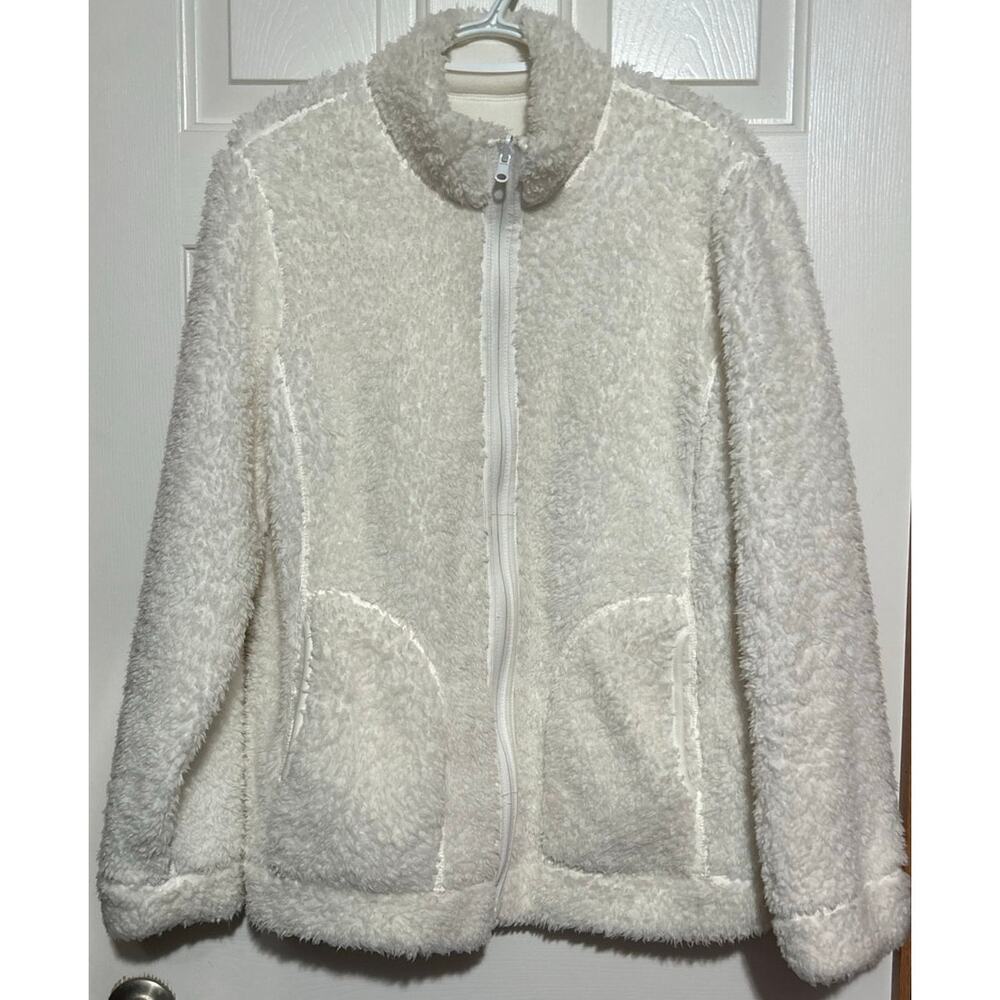 Women's White Sherpa Reversible Felt Zip Up Jacket Side Pockets Size XL